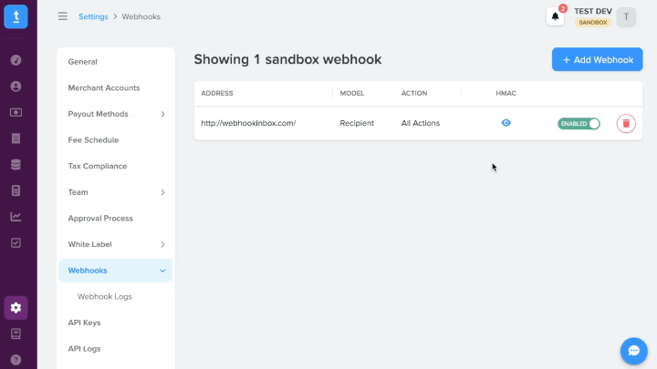 A GIF showing the flow of adding a new webhook