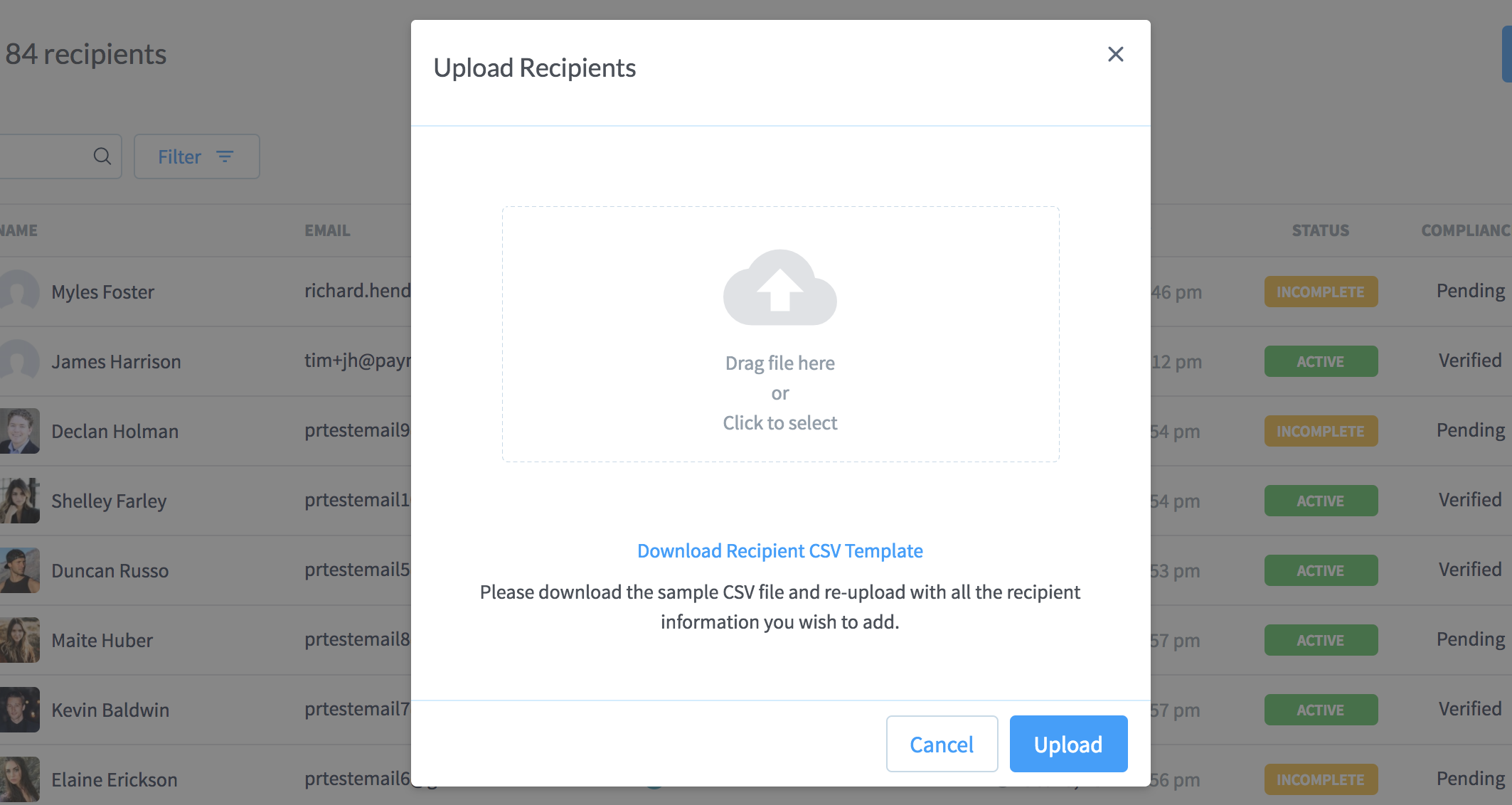 Image 8: Screenshot of the Upload CSV dialog box