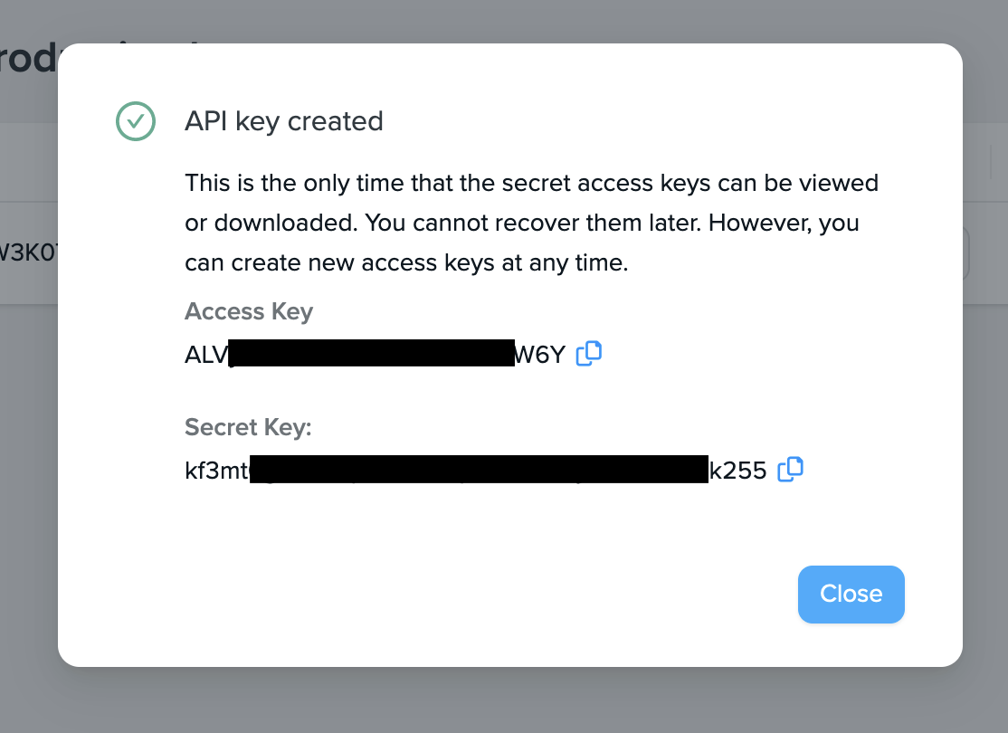 Sample API Keys dialog box