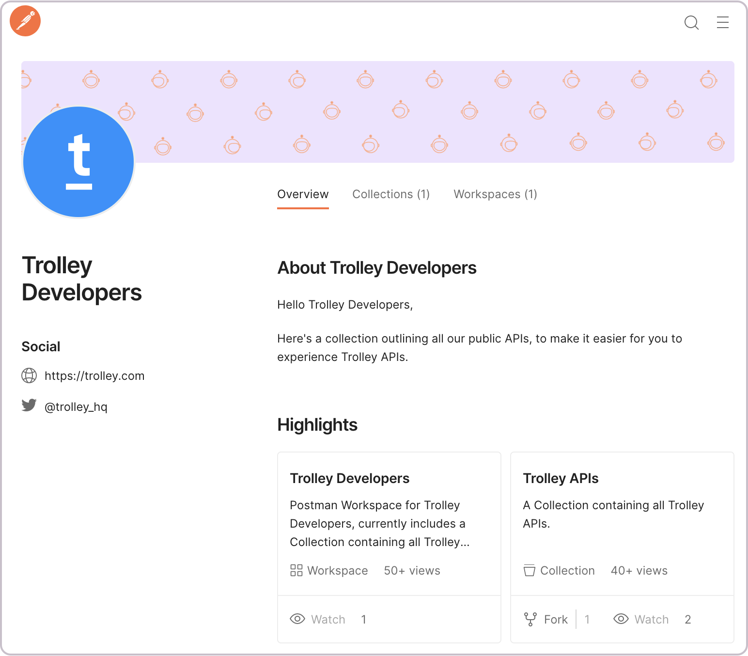 Screenshot of Trolley Developer's Postman homepage